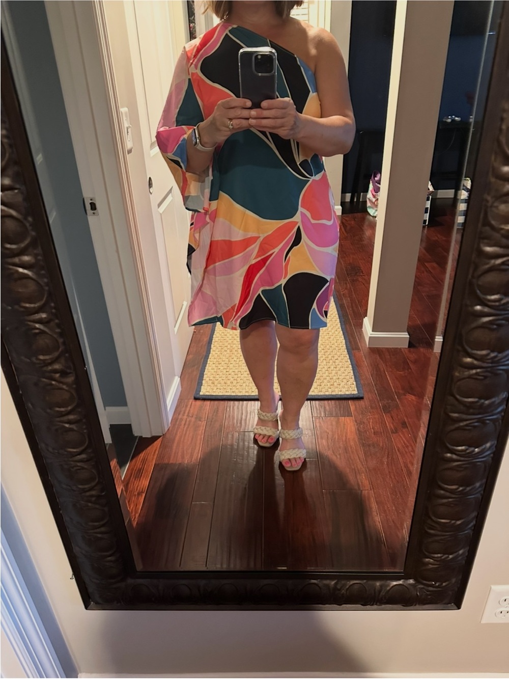 Simplee Apparel One-Shoulder Abstract Floral Dress - Pink, Green, Yellow